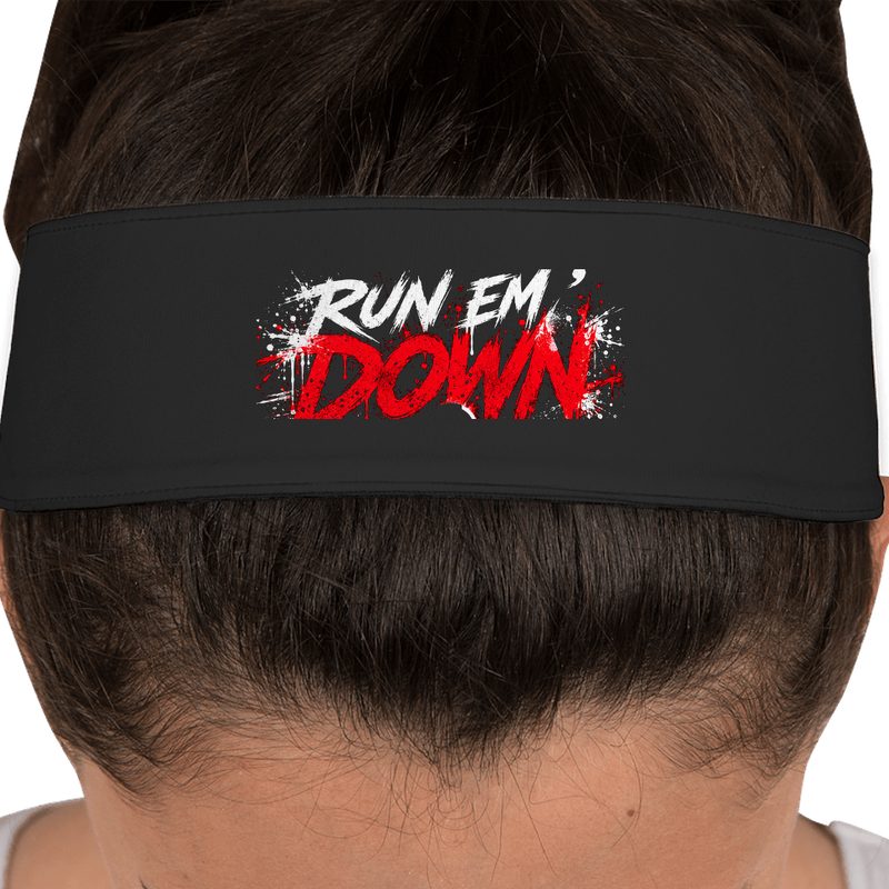 Black headband printed with RUN EM' DOWN in red and white